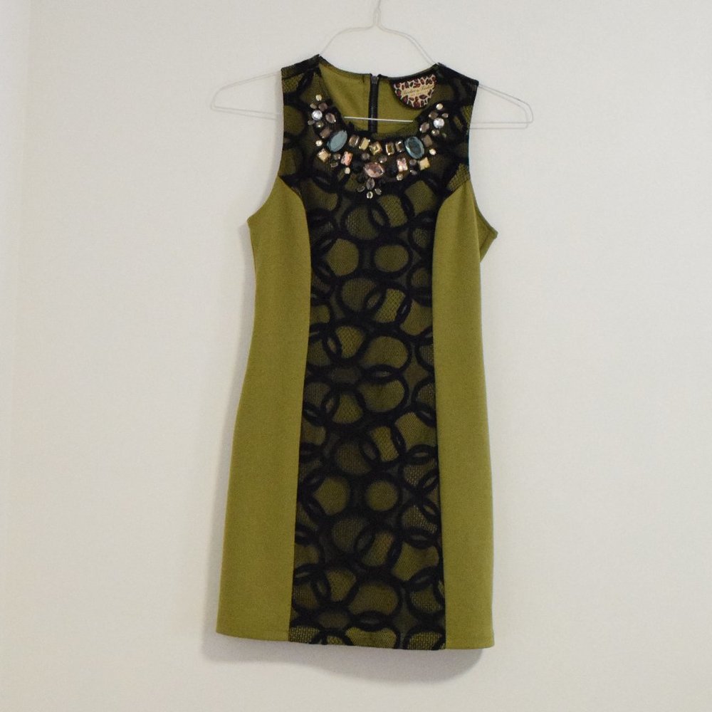 Moss Green Jewel Gem Collar Geometric Lace Panel Pencil Mini Dress | Size XS